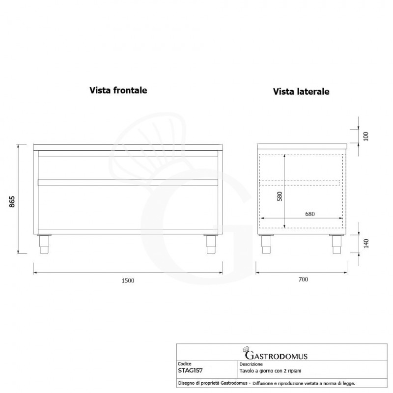 Tavolo a giorno in acciaio inox con 2 ripiani L 1500 mm x P 700 mm x H 865 mm