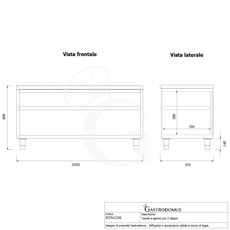 Tavolo a giorno in acciaio inox con 2 ripiani L 2000 mm x P 600 mm x H 850 mm