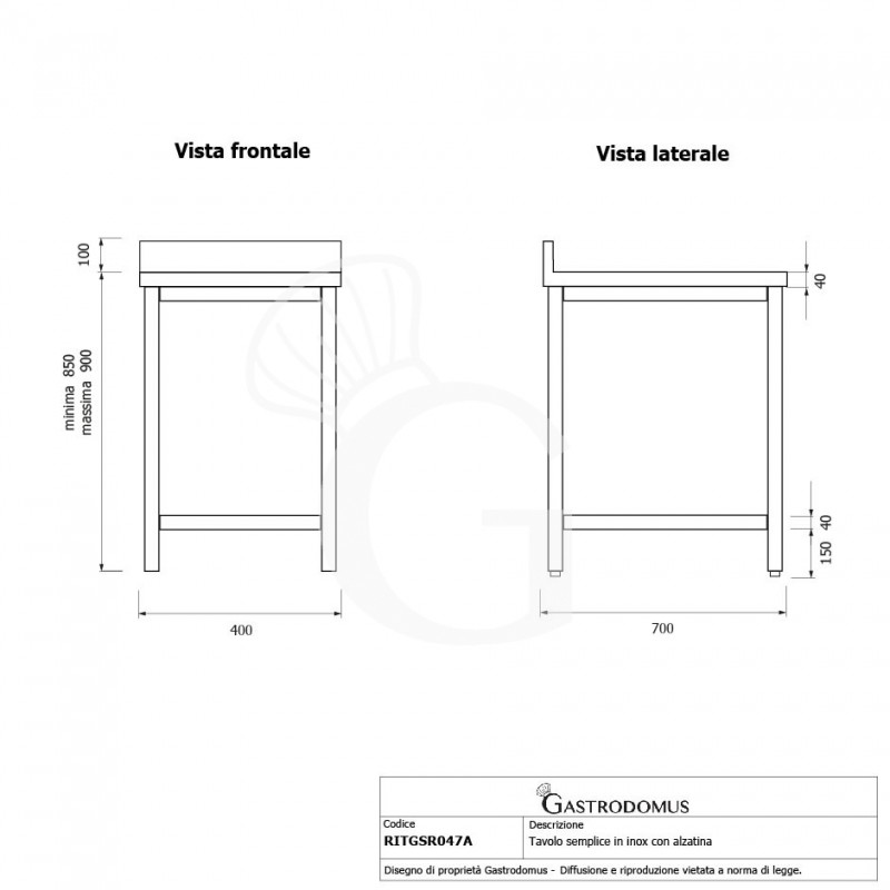 Tavolo inox con alzatina L 400 mm x P 700 mm x H 950 mm