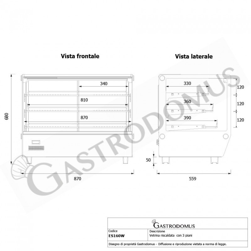 Vetrina Riscaldata inox e vetro 3 piani +30°C/+90°C 160 LT L 856 mm x P 568 mm x H 686 mm