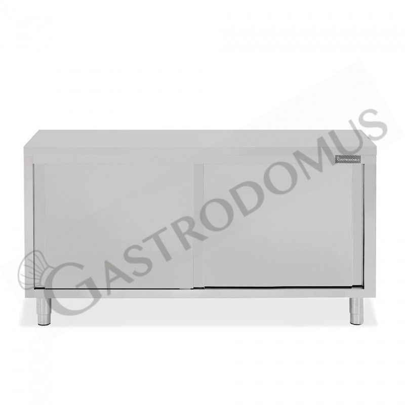 Tavolo armadiato in acciaio inox con 2 porte scorrevoli, L 1800 mm x P 600 mm x H 850 mm Tavolo armadiato in acciaio inox con 2 porte scorrevoli, L 1800 mm x P 600 mm x H 850 mm