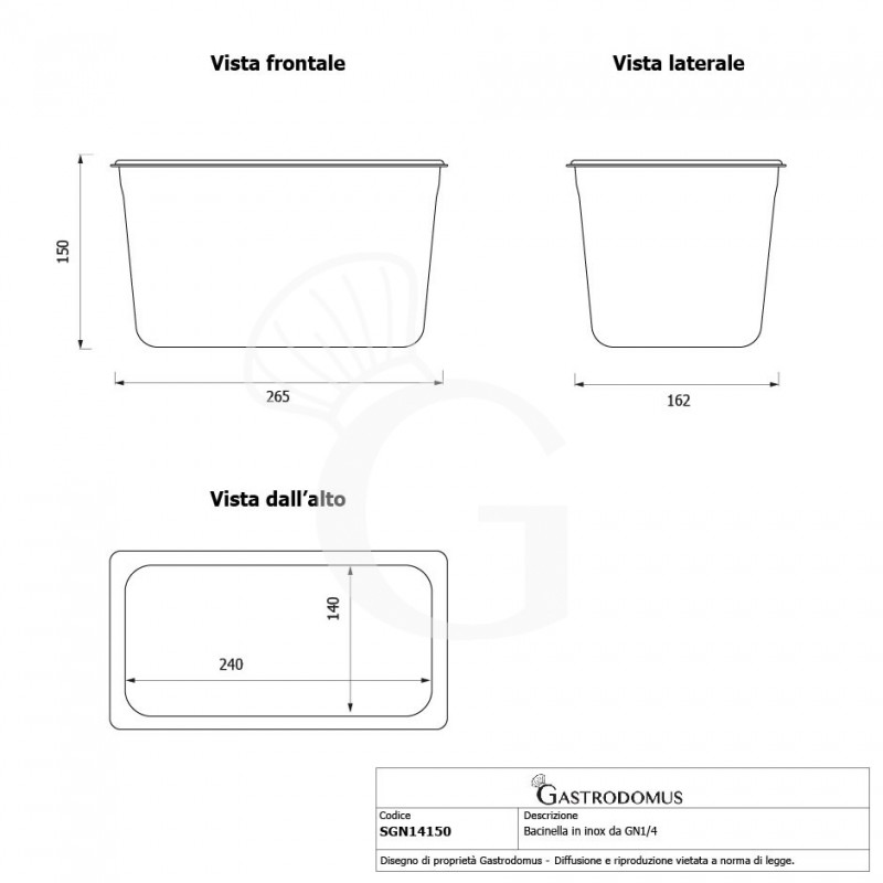 Bacinella in acciaio inox GN1/4 L 265 mm x P 162 mm x H 150 mm