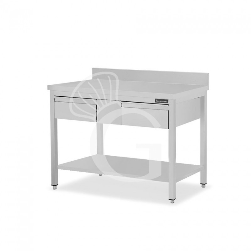 Tavolo inox ripiano alzatina 2 cassetti L 1200 mm x P 600 mm x H 950 mm