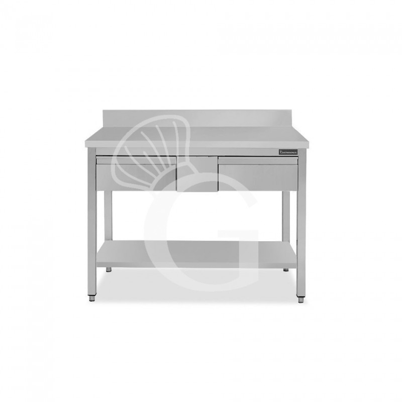 Tavolo inox ripiano alzatina 2 cassetti L 1200 mm x P 600 mm x H 950 mm