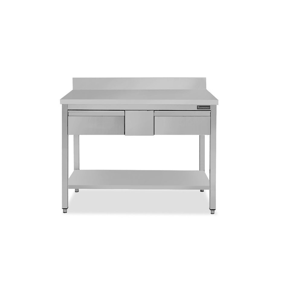 Tavolo inox ripiano alzatina 2 cassetti L 1200 mm x P 600 mm x H 950 mm