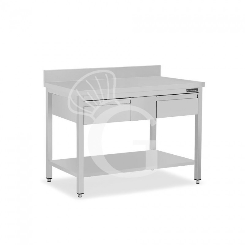 Tavolo inox ripiano alzatina 2 cassetti L 1200 mm x P 600 mm x H 950 mm