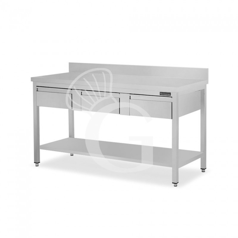 Tavolo inox ripiano alzatina 3 cassetti L 1400 mm x P 600 mm x H 950 mm