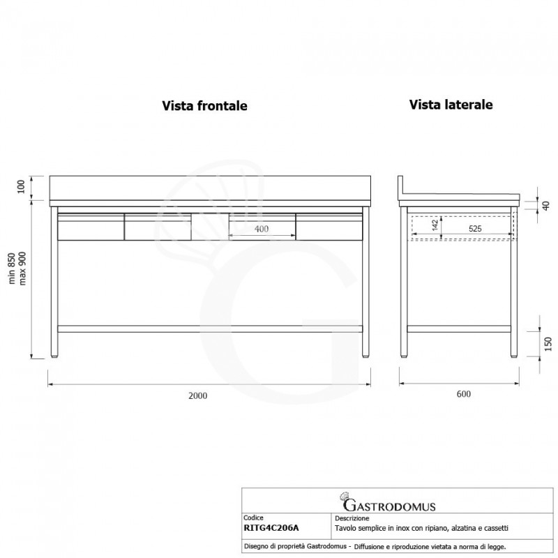 Tavolo inox ripiano alzatina 4 cassetti L 2000 mm x P 600 mm x H 950 mm