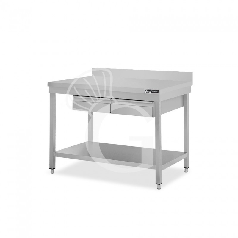 Tavolo inox ripiano alzatina 2 cassetti L 1000 mm x P 700 mm x H 965 mm