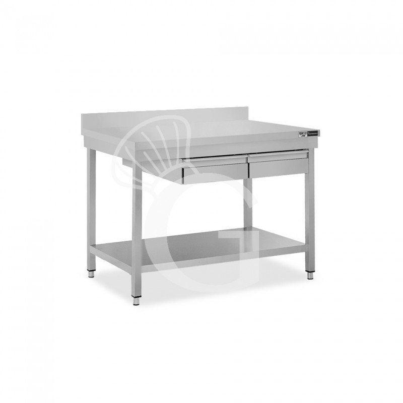 Tavolo inox ripiano alzatina 2 cassetti L 1000 mm x P 700 mm x H 965 mm