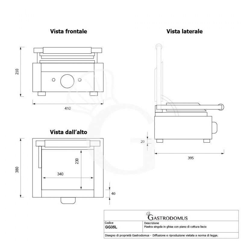Piastra per Panini singola liscia in ghisa - L 410 mm x P 380 mm x H 210/520 mm