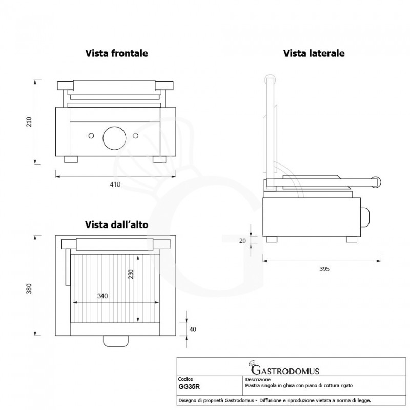 Piastra di cottura rigata in ghisa - L 410 mm X P 380 mm X H 210/520 mm