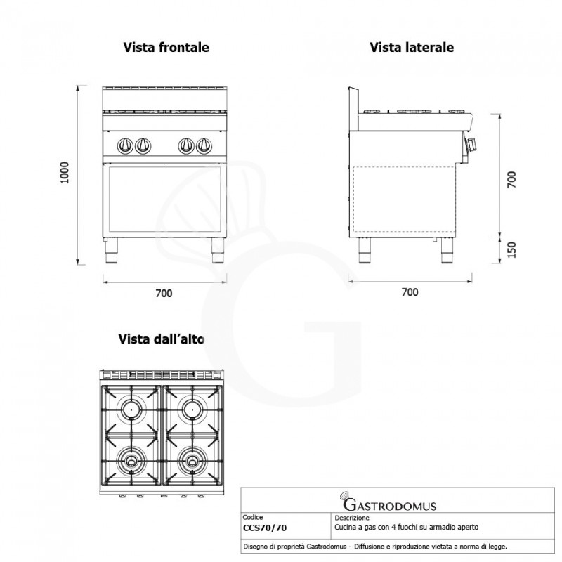Cucina professionale a gas 4 fuochi armadio aperto profondità 700 mm