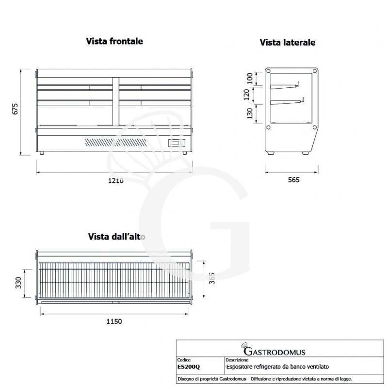 Espositore refrigerato da banco ventilato 200 LT luce interna a LED L 1210 mm x P 565 mm x H 675 mm