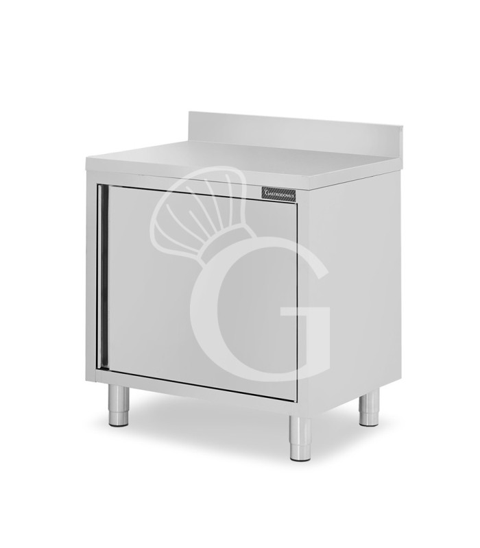 Tavolo armadiato inox con 1 porta battente, alzatina, L 600 mm x P 700 mm x H 950 mm