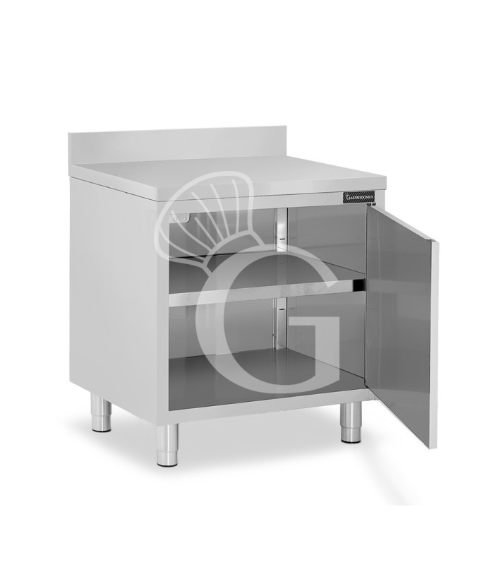 Tavolo armadiato inox con 1 porta battente, alzatina, L 600 mm x P 700 mm x H 950 mm