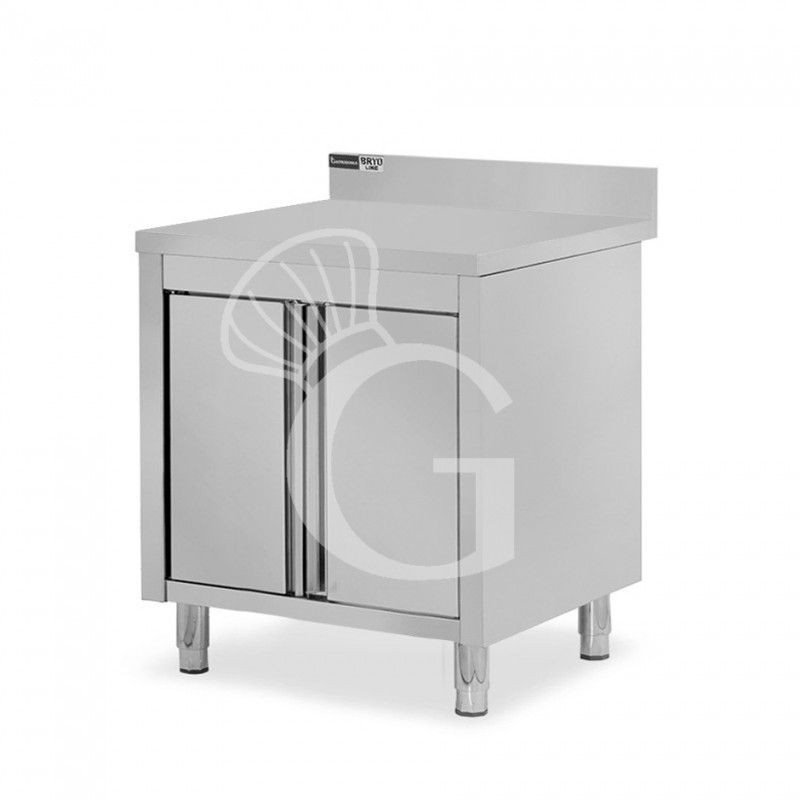 Tavolo armadiato inox con 1 porta battente, alzatina, L 800 mm x P 600 mm x H 950 mm