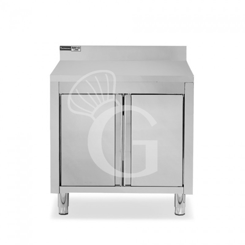 Tavolo armadiato inox con 1 porta battente, alzatina, L 800 mm x P 600 mm x H 950 mm Tavolo armadiato inox con 1 porta battente, alzatina, L 800 mm x P 600 mm x H 950 mm