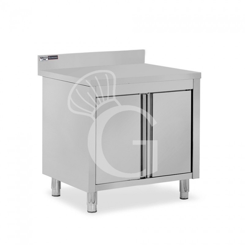 Tavolo armadiato inox con 1 porta battente, alzatina, L 800 mm x P 600 mm x H 950 mm