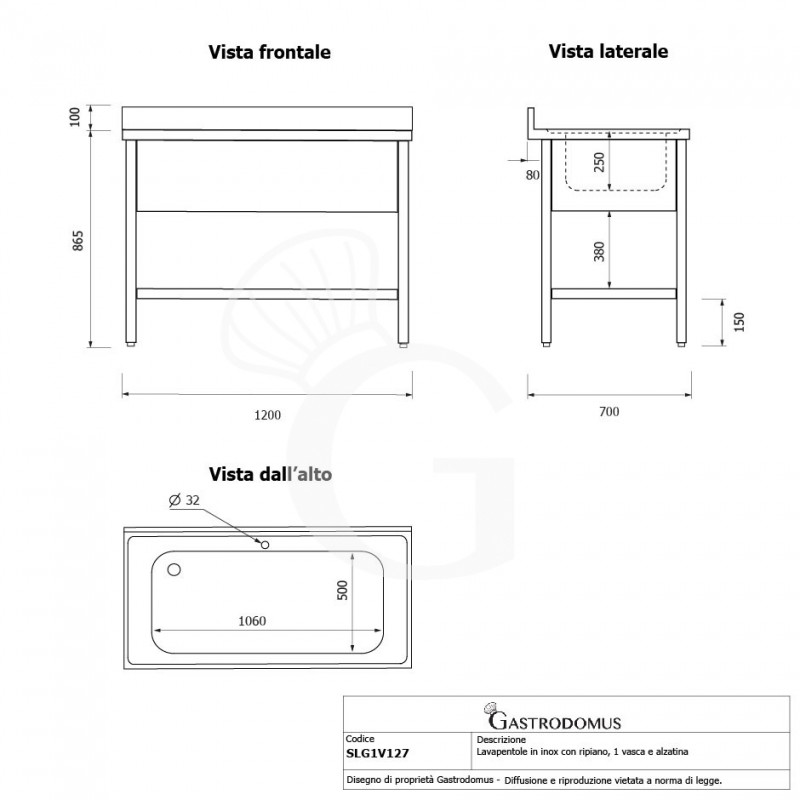 Lavapentole inox, 1 ripiano, alzatina, 1 vasca, L 1200 x P 700 x H 965 mm - con foro rubinetto Ø 35 mm