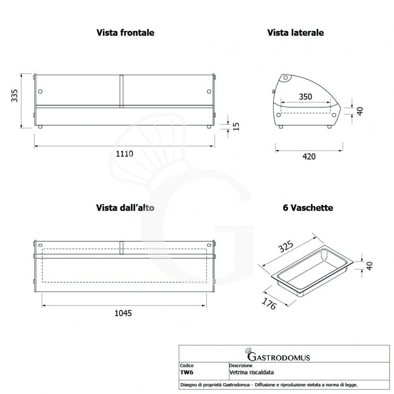 Vetrina Riscaldata inox e vetro 6 bacinelle GN1/3 H 40 mm L 1110 mm x P 420 mm x H 335 mm