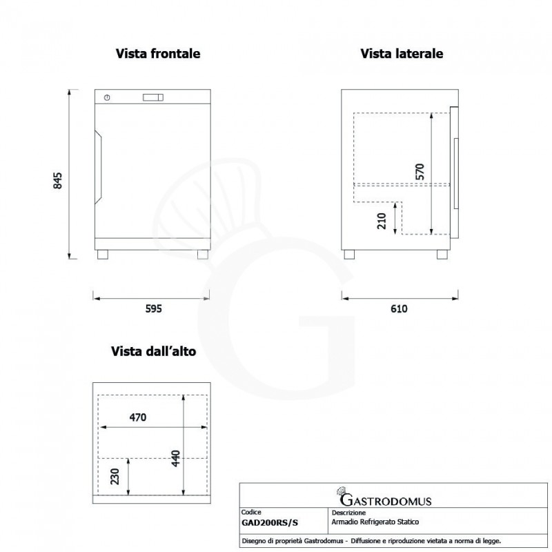 Armadio refrigerato statico in acciaio inox, 0°C/+8°C, 92 Lt, gas R600A, classe energetica B