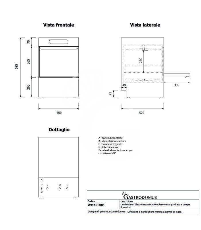 Lavabicchieri Elettromeccanica Monofase cesto 400x400mm x H 270mm con dosatore brillantante e detergente e PSOM - doppia parete