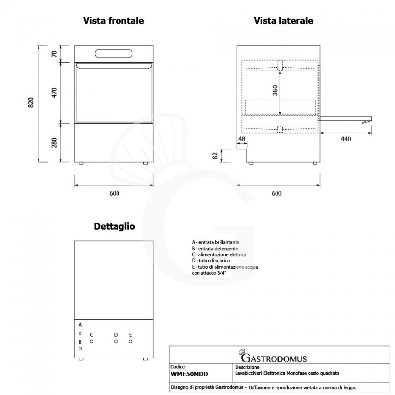 Lavastoviglie Elettronica Monofase cesto 500x500mm H 360mm dosatore brillantante e detergente installato - doppia parete