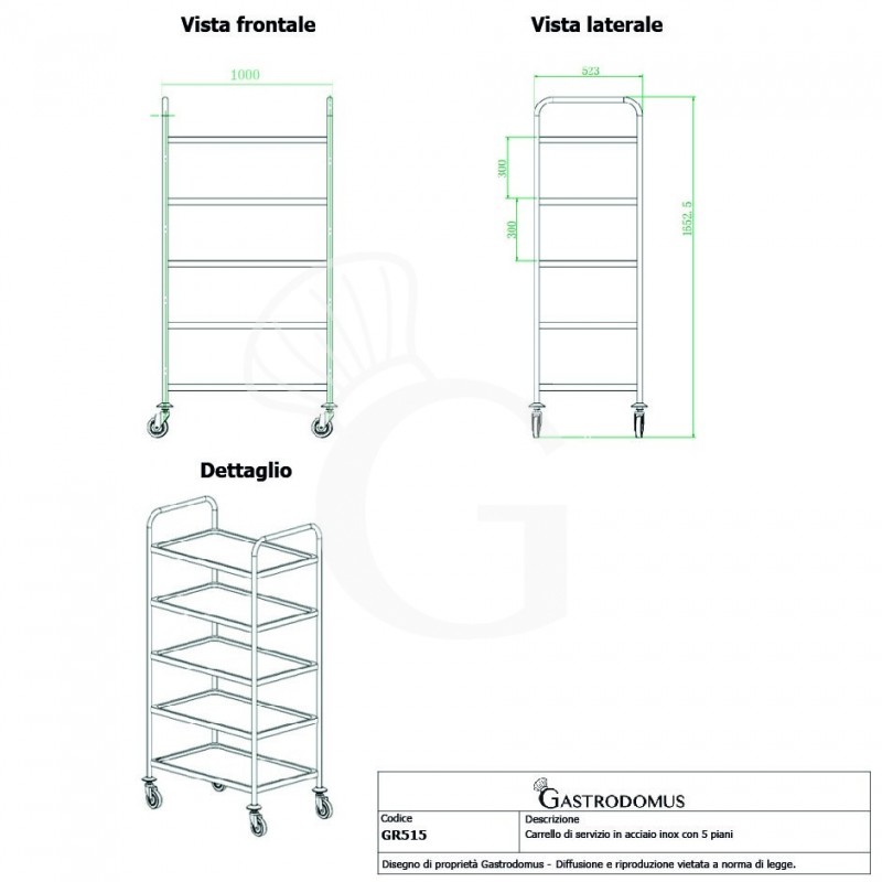 Carrello di servizio in acciaio inox con 5 piani L 1000 mm x P 500 mm x H 1500 mm