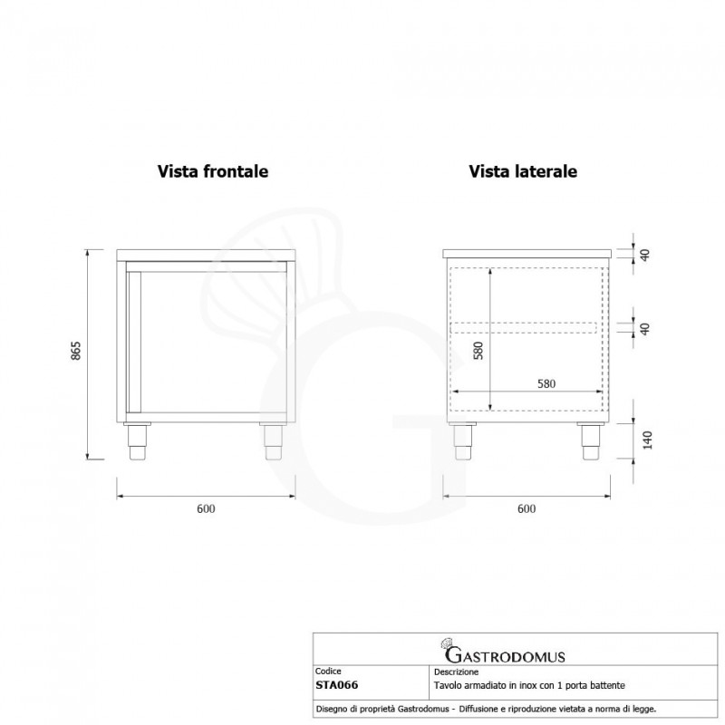 Tavolo inox armadiato con 1 porta battente, L 600 mm x P 600 mm x H 850 mm