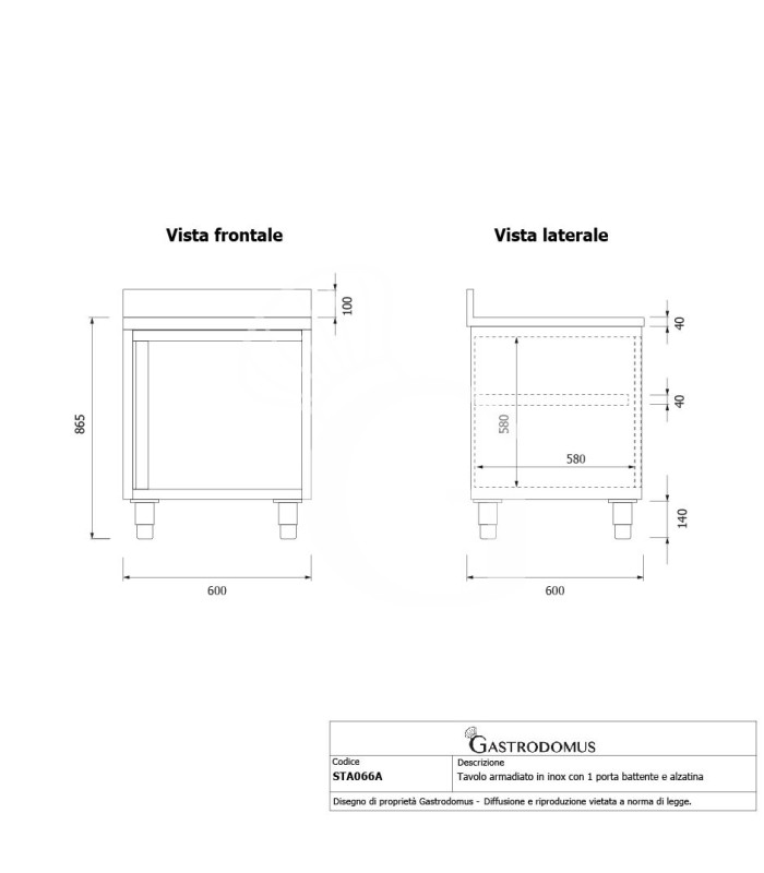 Tavolo armadiato inox con 1 porta battente, alzatina, L 600 mm x P 600 mm x H 950 mm