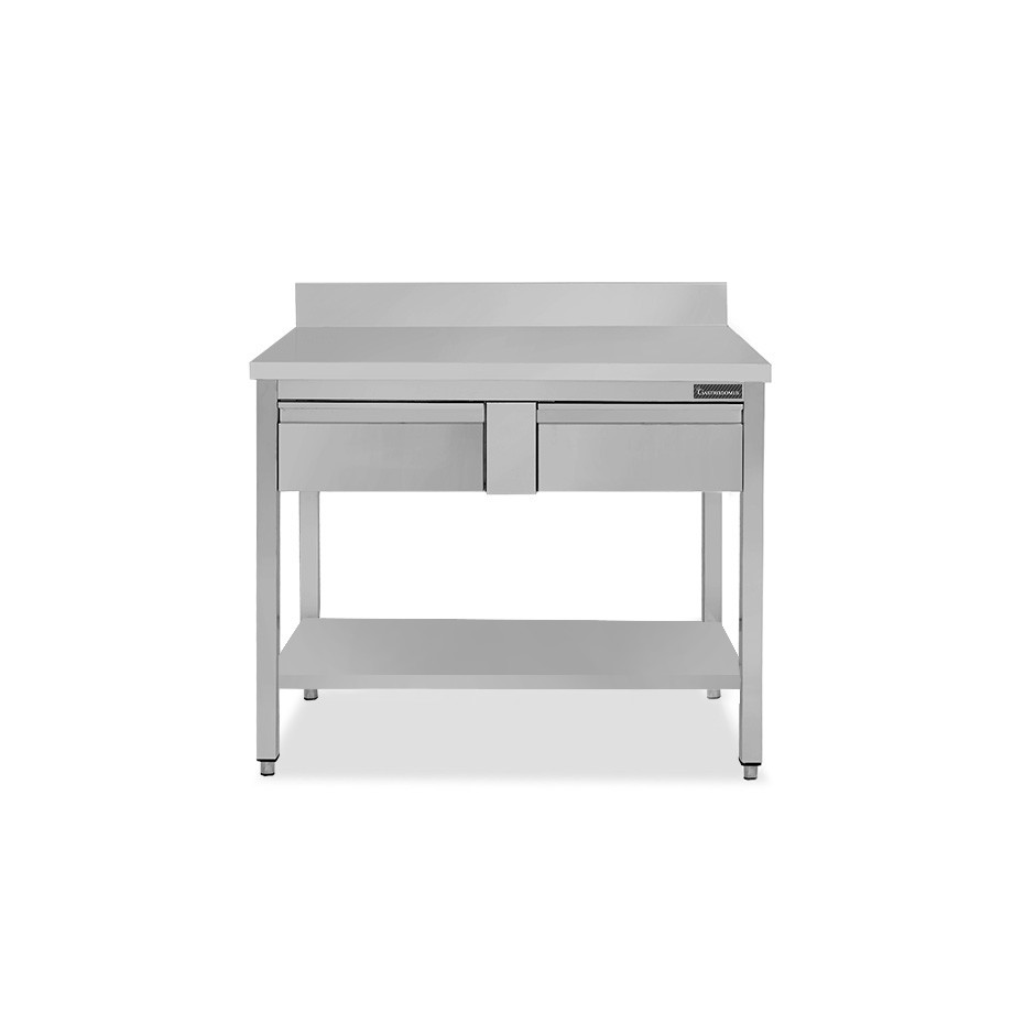 Tavolo inox ripiano alzatina 2 cassetti L 1200 mm x P 700 mm x H 950 mm