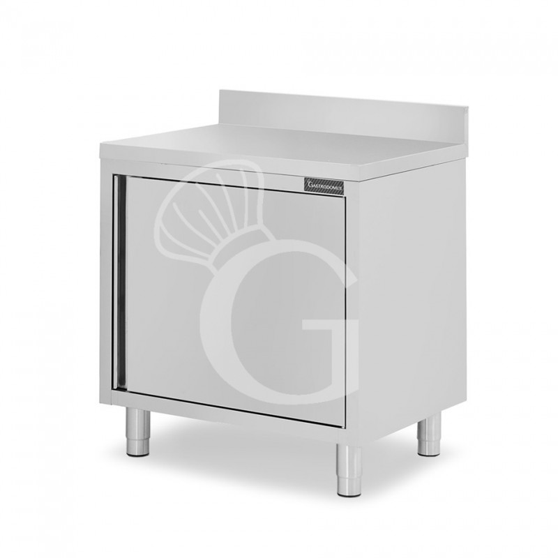 Tavolo armadiato con 1 porta battente realizzato in acciaio inox, alzatina, L 700 mm x P 700 mm x H 950 mm