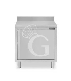Tavolo armadiato con 1 porta battente realizzato in acciaio inox, alzatina, L 700 mm x P 700 mm x H 950 mm