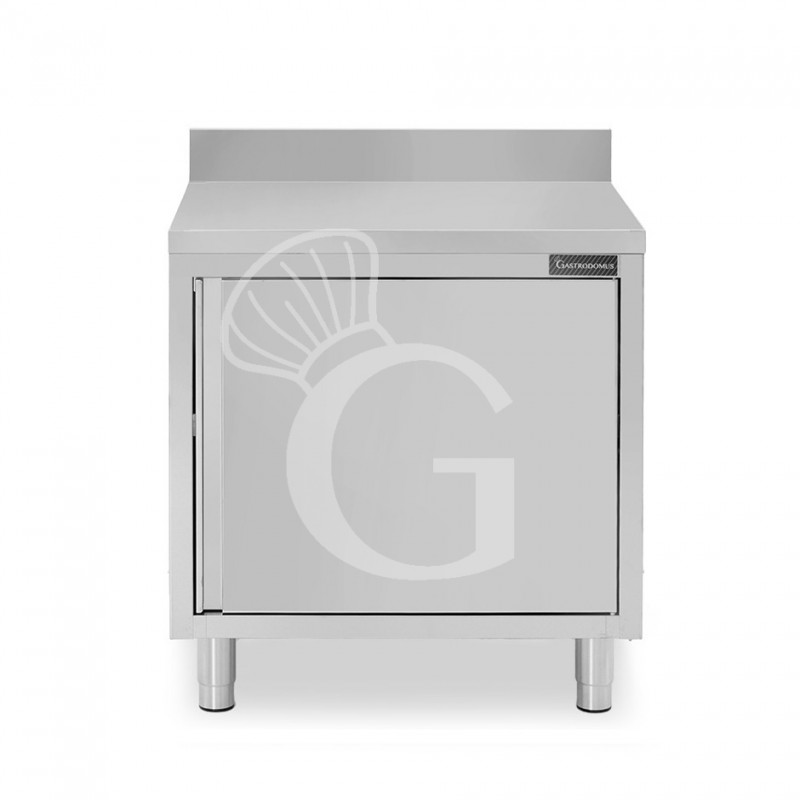 Tavolo armadiato con 1 porta battente realizzato in acciaio inox, alzatina, L 700 mm x P 700 mm x H 950 mm