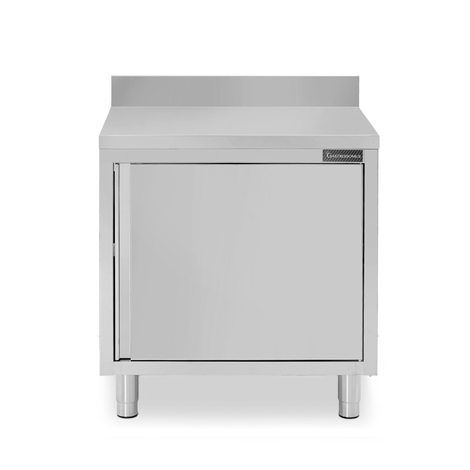 Tavolo armadiato con 1 porta battente realizzato in acciaio inox, alzatina, L 700 mm x P 700 mm x H 950 mm