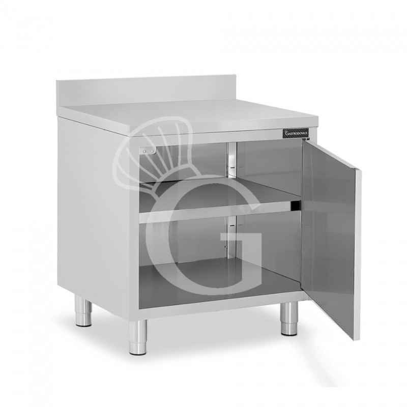 Tavolo armadiato con 1 porta battente realizzato in acciaio inox, alzatina, L 700 mm x P 700 mm x H 950 mm