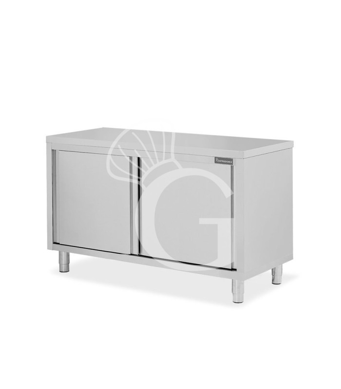 Tavolo armadiato in acciaio inox con 2 porte scorrevoli, L 1400 mm x P 600 mm x H 850 mm