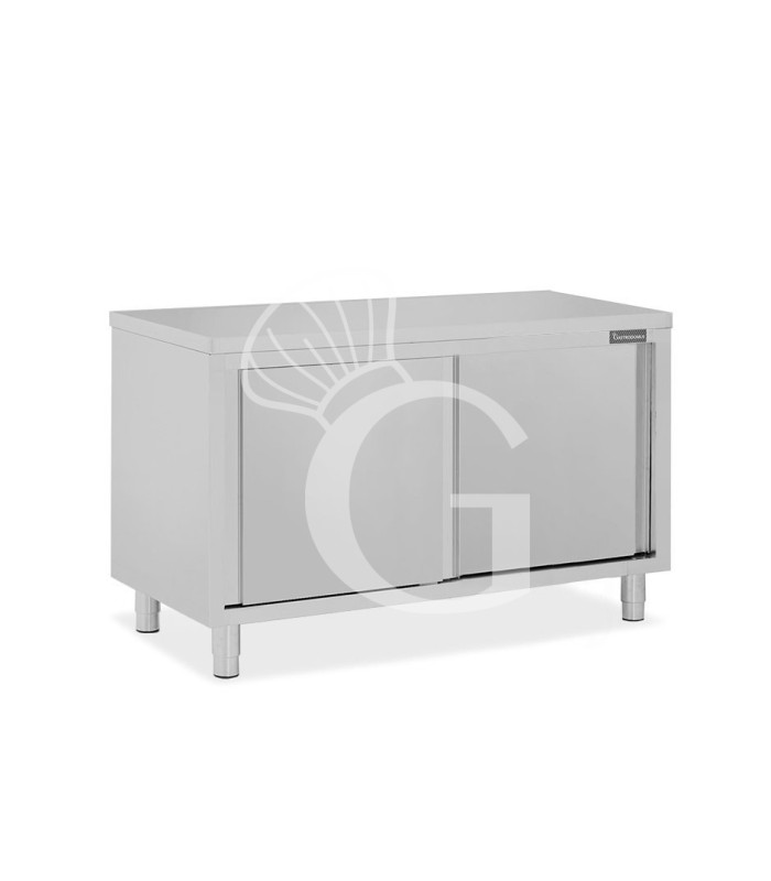 Tavolo armadiato in acciaio inox con 2 porte scorrevoli, L 1400 mm x P 600 mm x H 850 mm