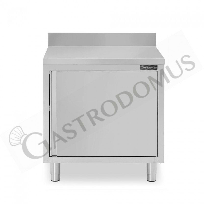 Tavolo armadiato inox con 1 porta battente, alzatina, L 800 mm x P 800 mm x H 950 mm Tavolo armadiato inox con 1 porta battente, alzatina, L 800 mm x P 800 mm x H 950 mm