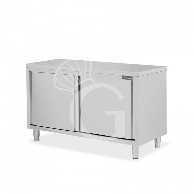 Tavolo armadiato in acciaio inox con 2 porte scorrevoli, L 1500 mm x P 600 mm x H 850 mm