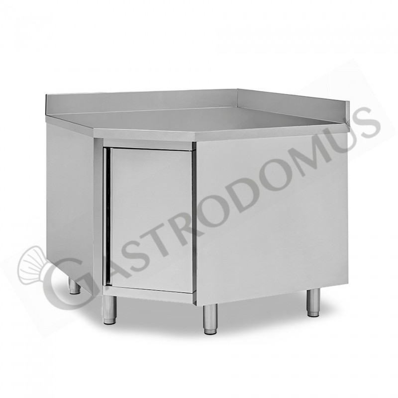 Tavolo armadiato a angolo in acciaio inox con porta battente, alzatina e profondità 700 mm Tavolo armadiato a angolo in acciaio inox con porta battente, alzatina e profondità 700 mm