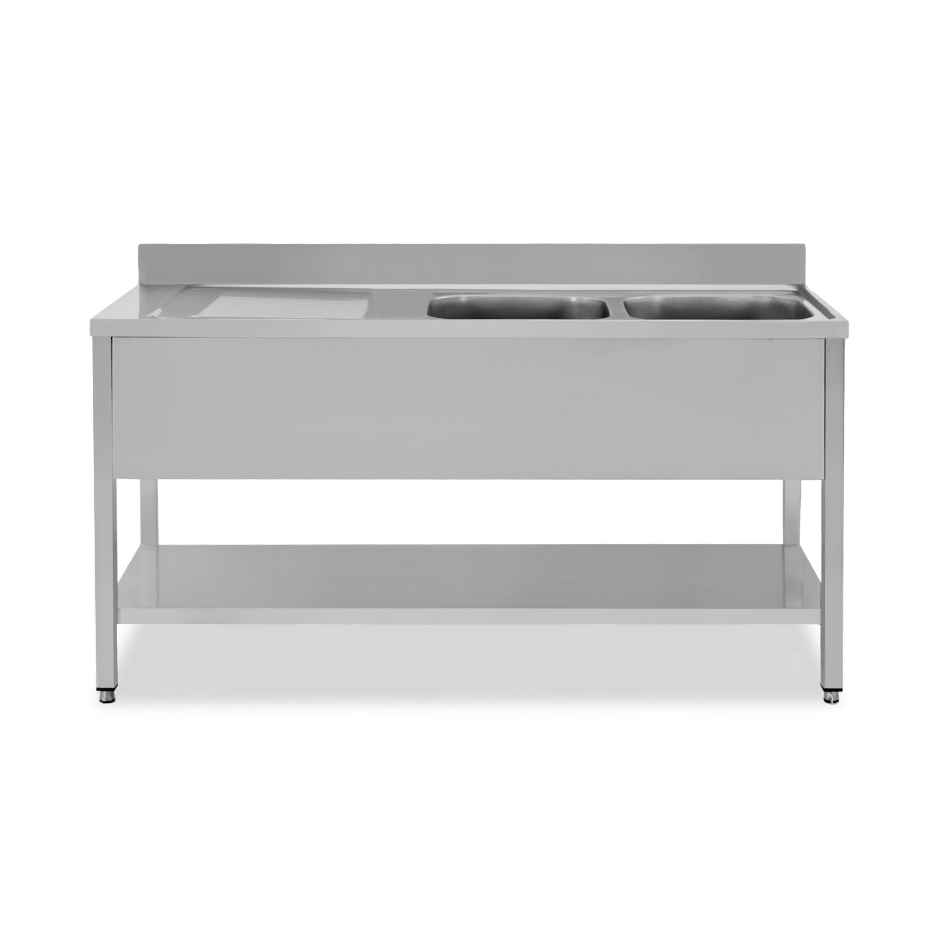 Lavello semplice con alzatina, 1 ripiano, 2 vasche, gocciolatoio a sinistra, L1600xP600xH950mm