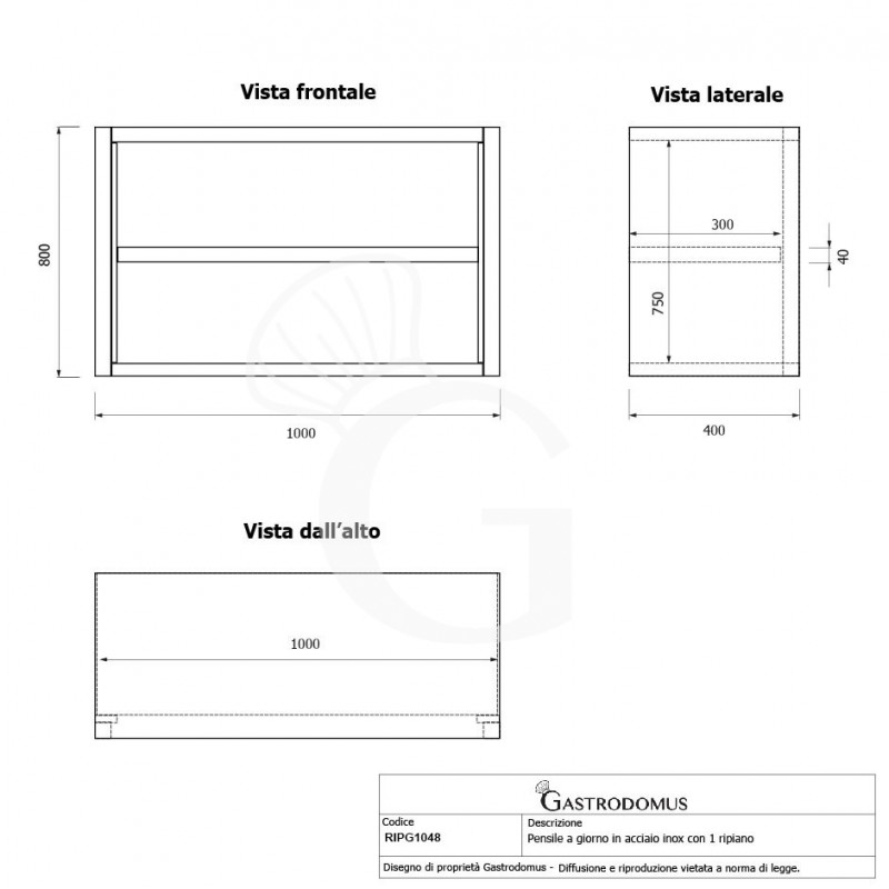 Pensile inox a giorno con 2 ripiani, L 1000 mm x P 400 mm x H 800 mm