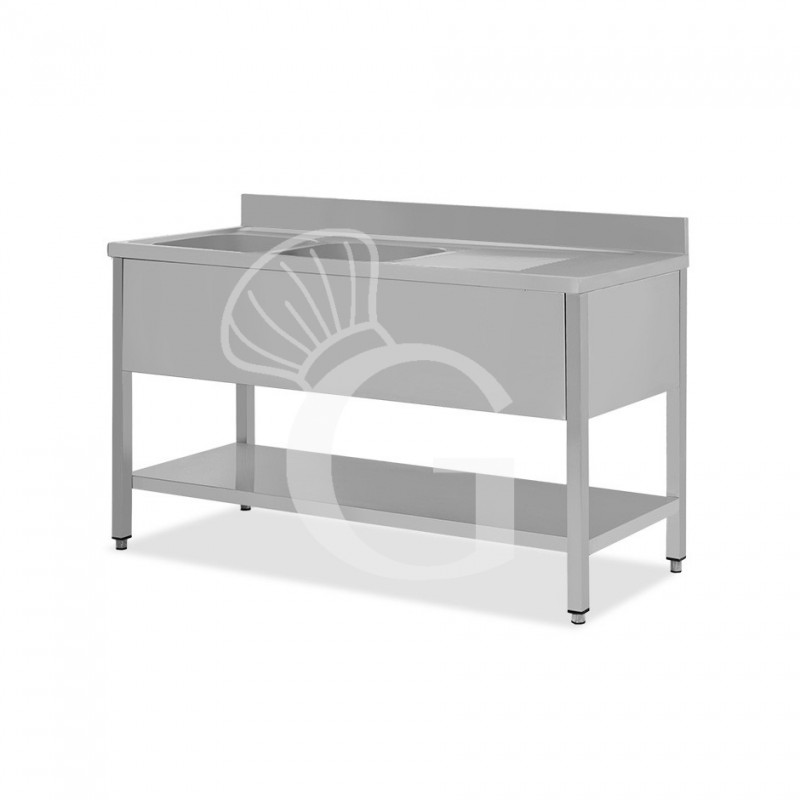 Lavello semplice con alzatina, 1 ripiano, 2 vasche, gocciolatoio a destra, L1400xP600xH950mm