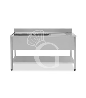 Lavello semplice con alzatina, 1 ripiano, 2 vasche, gocciolatoio a destra, L1400xP600xH950mm