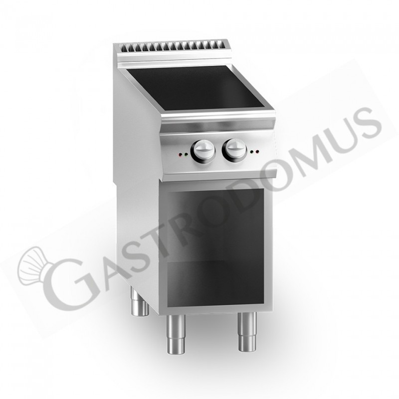 Cucina professionale elettrica 2 piastre in vetroceramica su armadio aperto profondità 900 mm