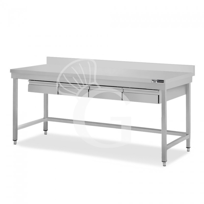 Tavolo inox 4 cassetti alzatina L 2000 mm x P 800 mm x H 965 mm
