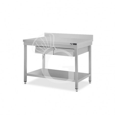 Tavolo inox ripiano alzatina 2 cassetti L 1000 mm x P 600 mm x H 965 mm Tavolo inox ripiano alzatina 2 cassetti L 1000 mm x P 600 mm x H 965 mm