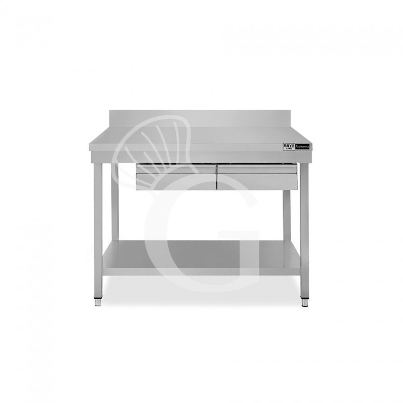 Tavolo inox ripiano alzatina 2 cassetti L 1000 mm x P 600 mm x H 965 mm